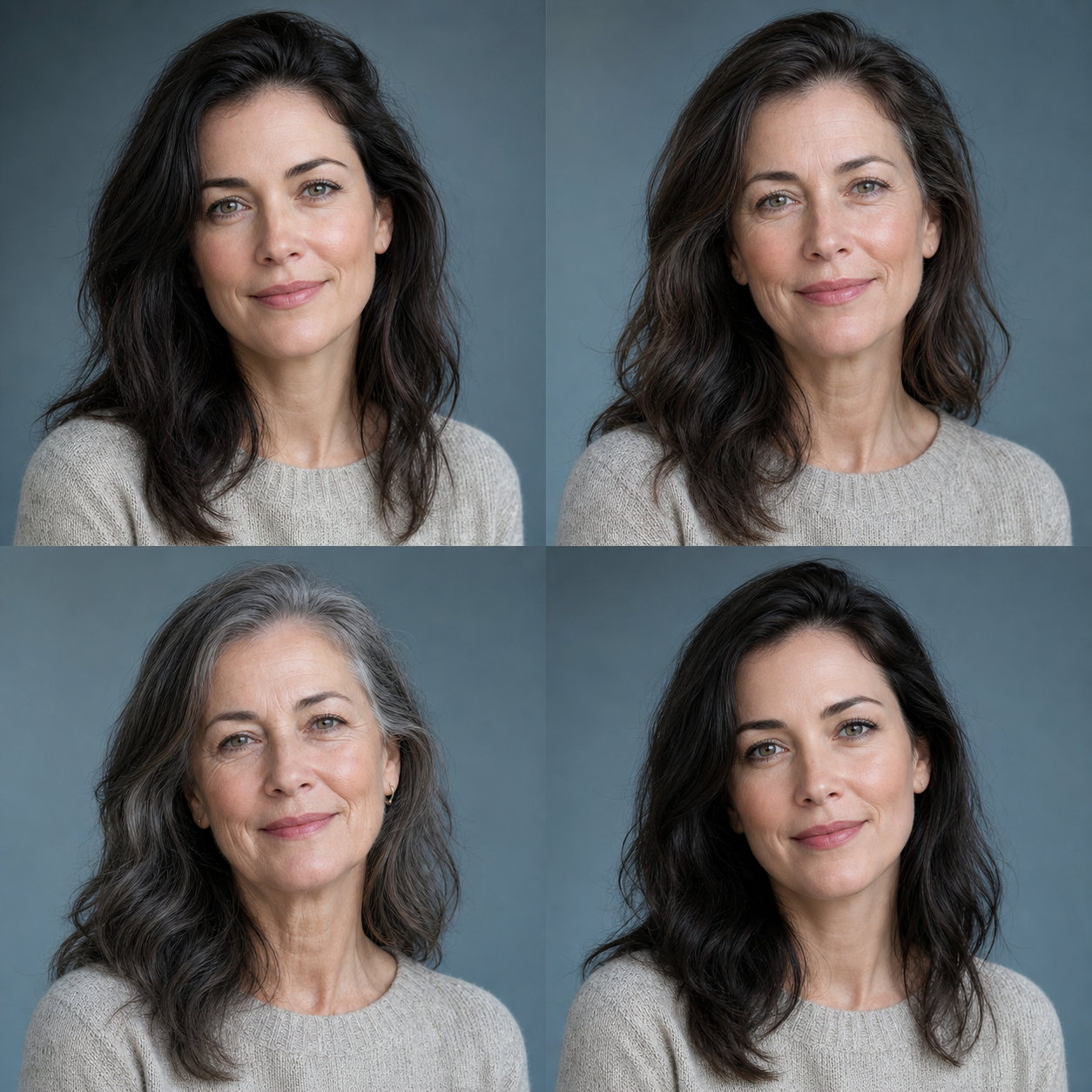 AI age filter example grid showing realistic age transformations at multiple ages