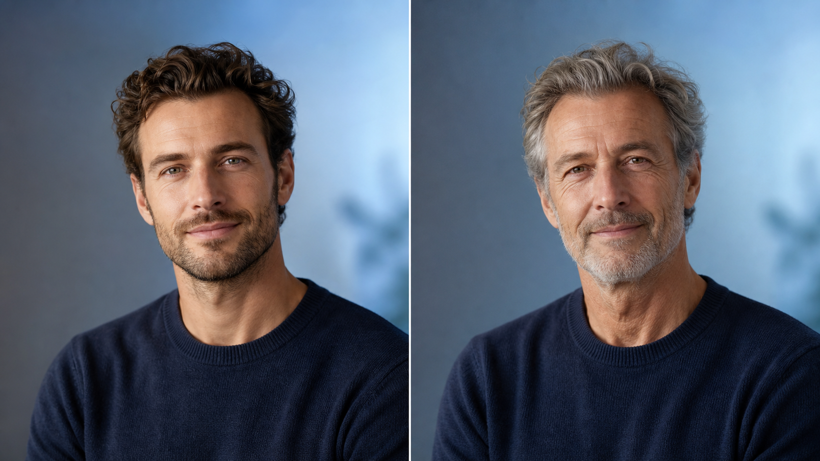 Before and after AI age filter portrait comparison showing realistic age progression