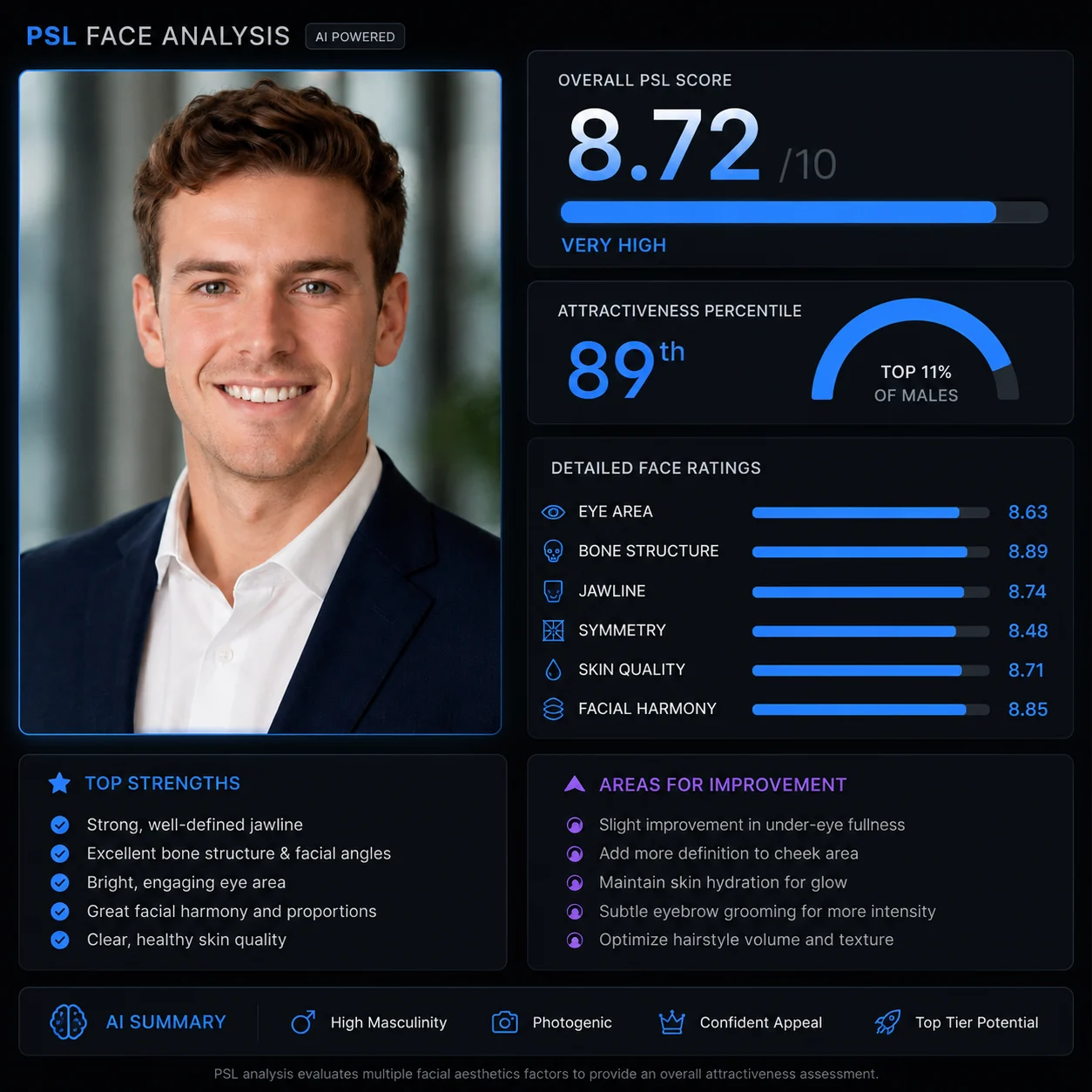 AI face rater PSL dashboard example for a LinkedIn headshot