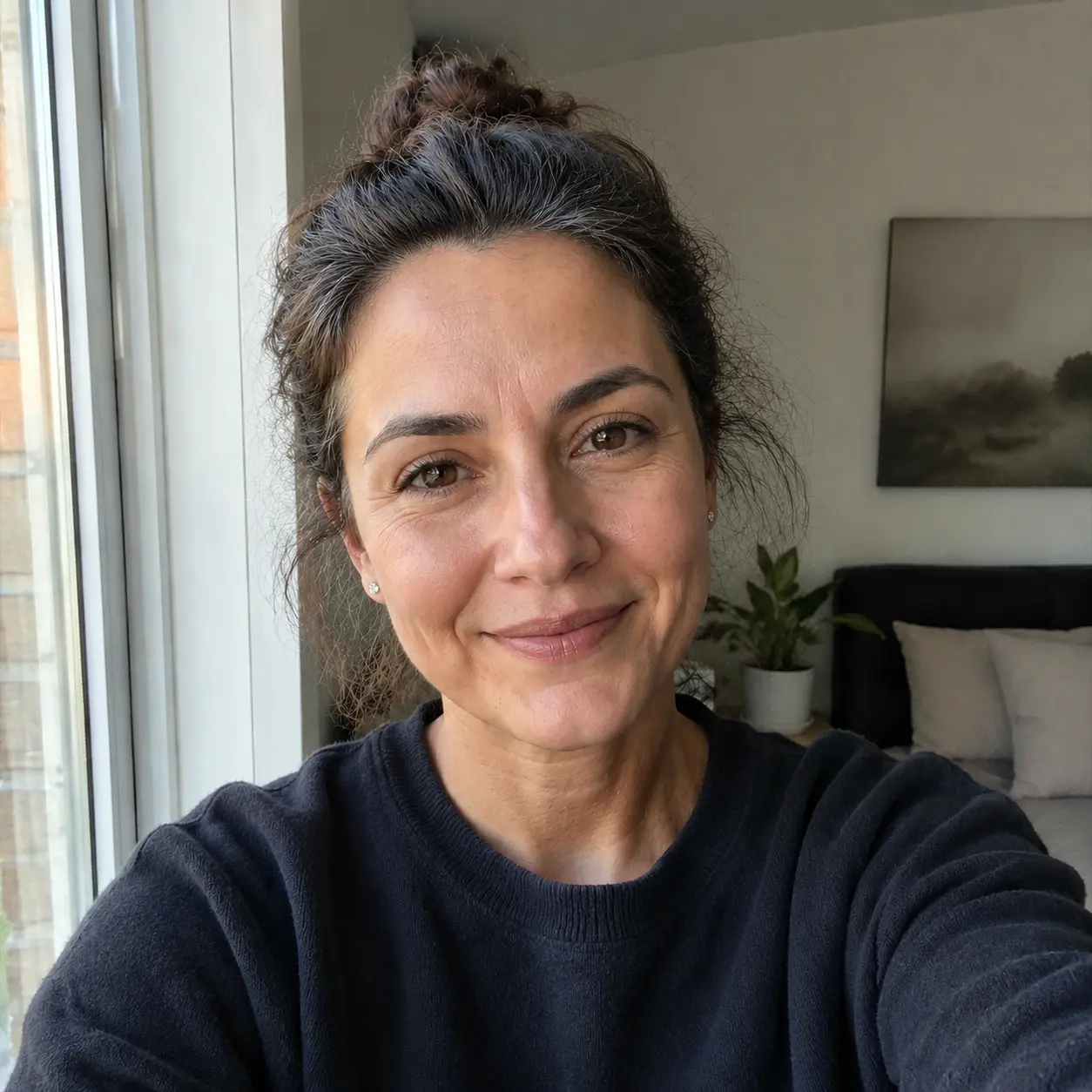 AI age filter result showing a casual selfie transformed to age 45