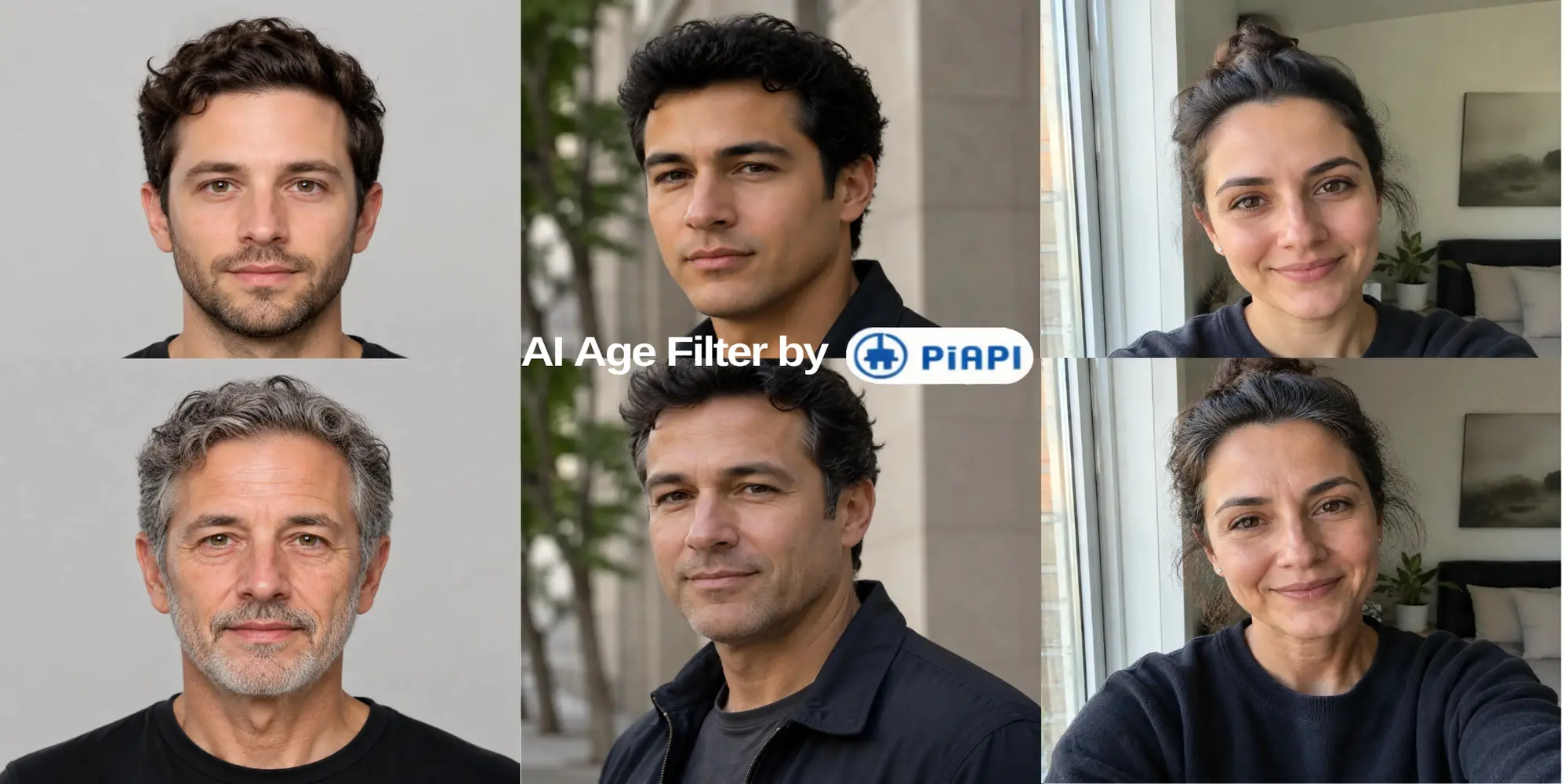 AI Age Filter by PiAPI showing three before and after portrait age transformations