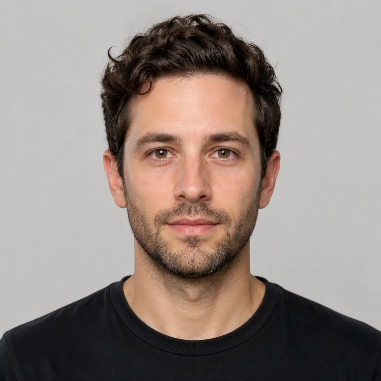 Front-facing adult portrait before AI age filter transformation