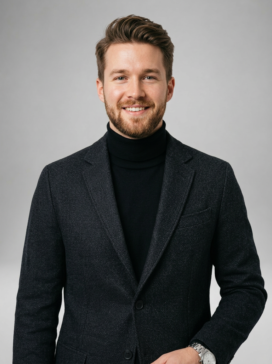 Creative professional AI headshot with dark blazer and clean studio background
