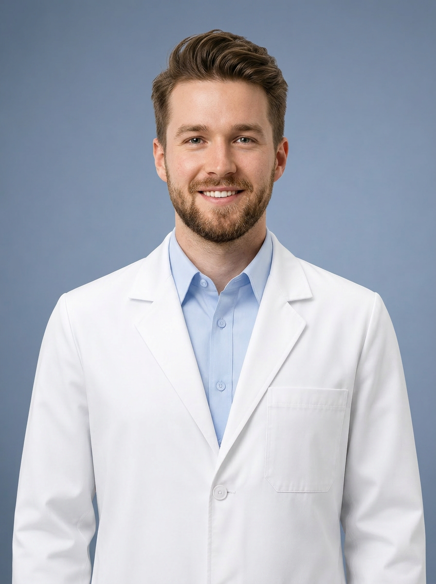 Medical professional AI headshot with lab coat and soft blue studio background
