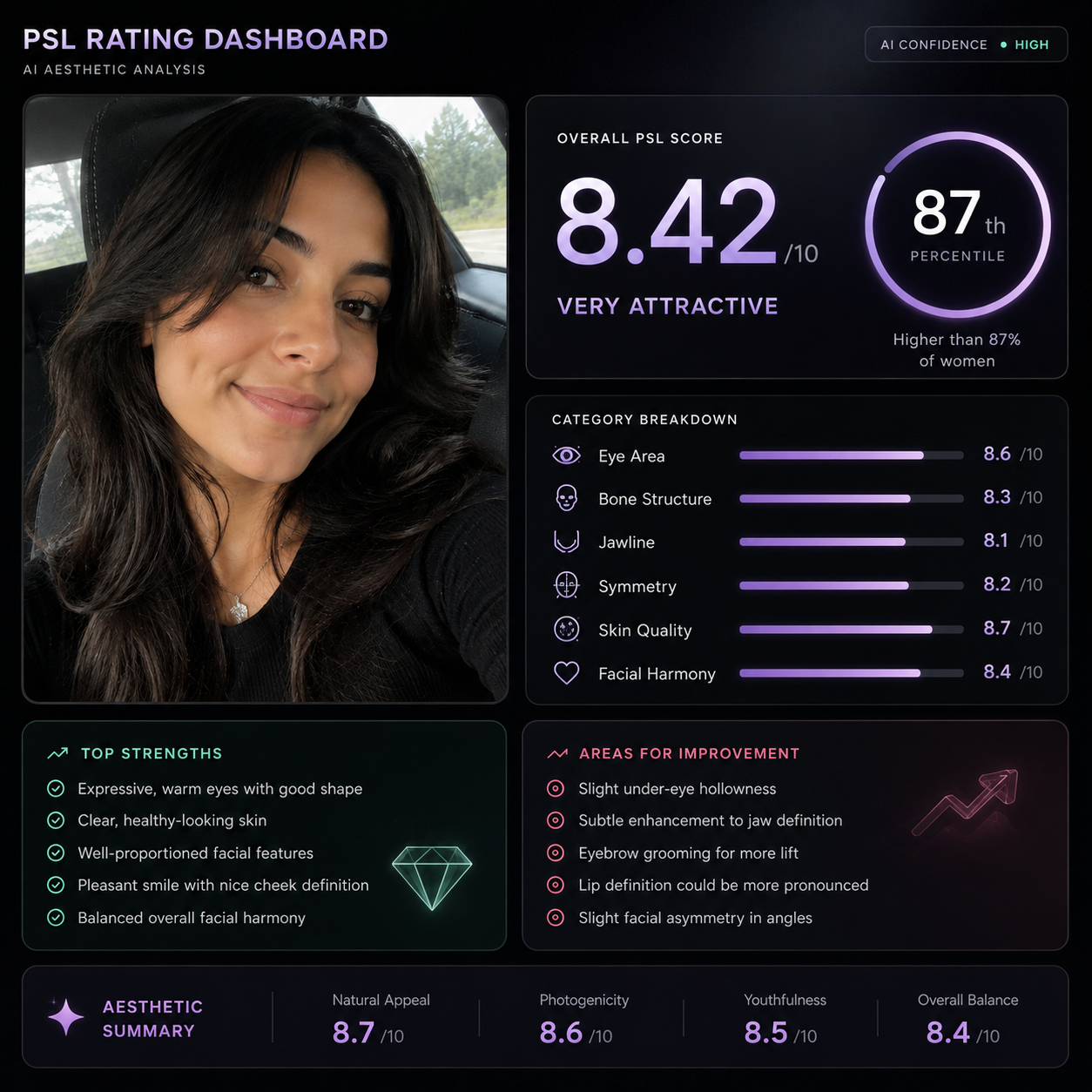 AI face rating report for Input A showing an 8.42 out of 10 score