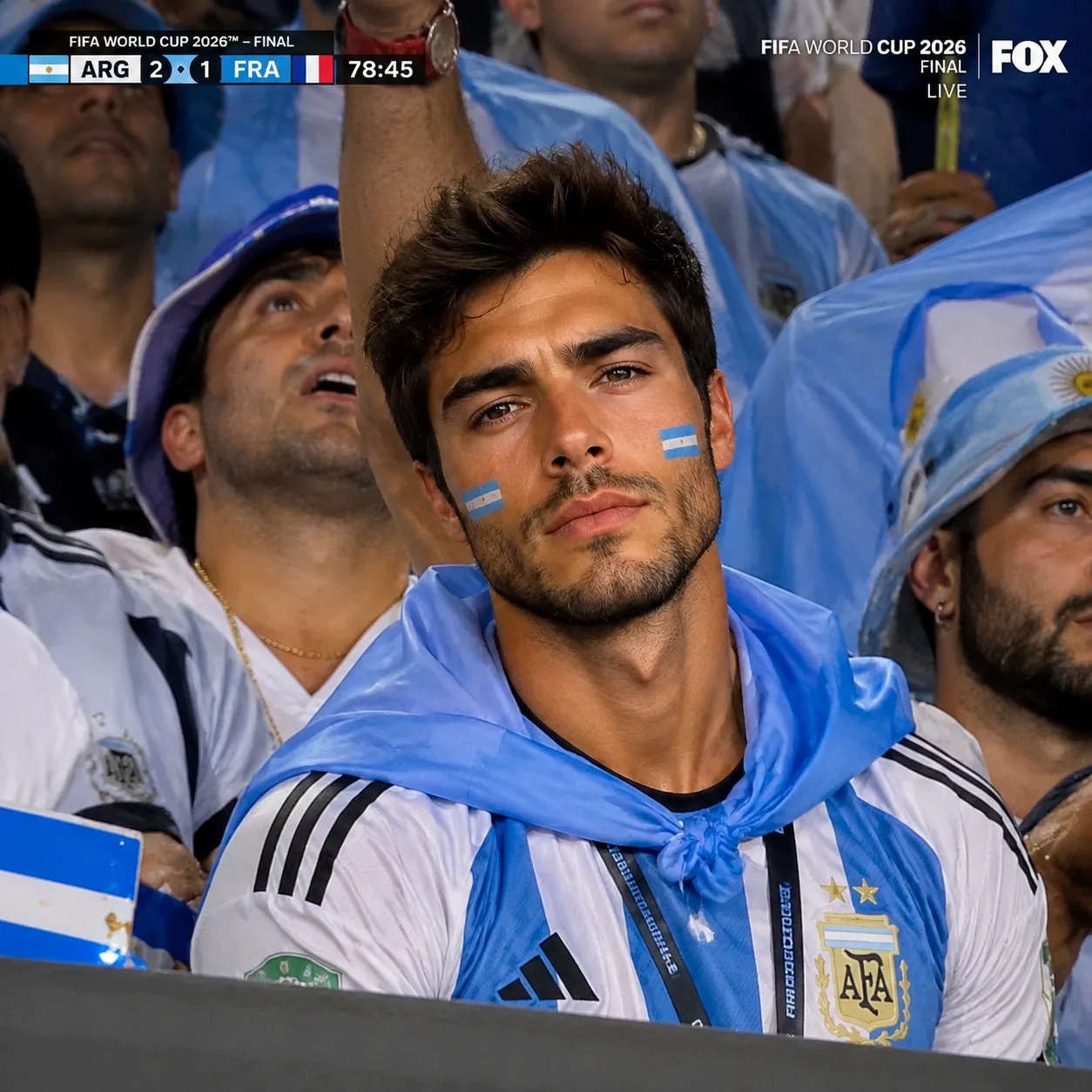 Generated FIFA World Cup broadcast fan-cam image with Argentina supporter styling