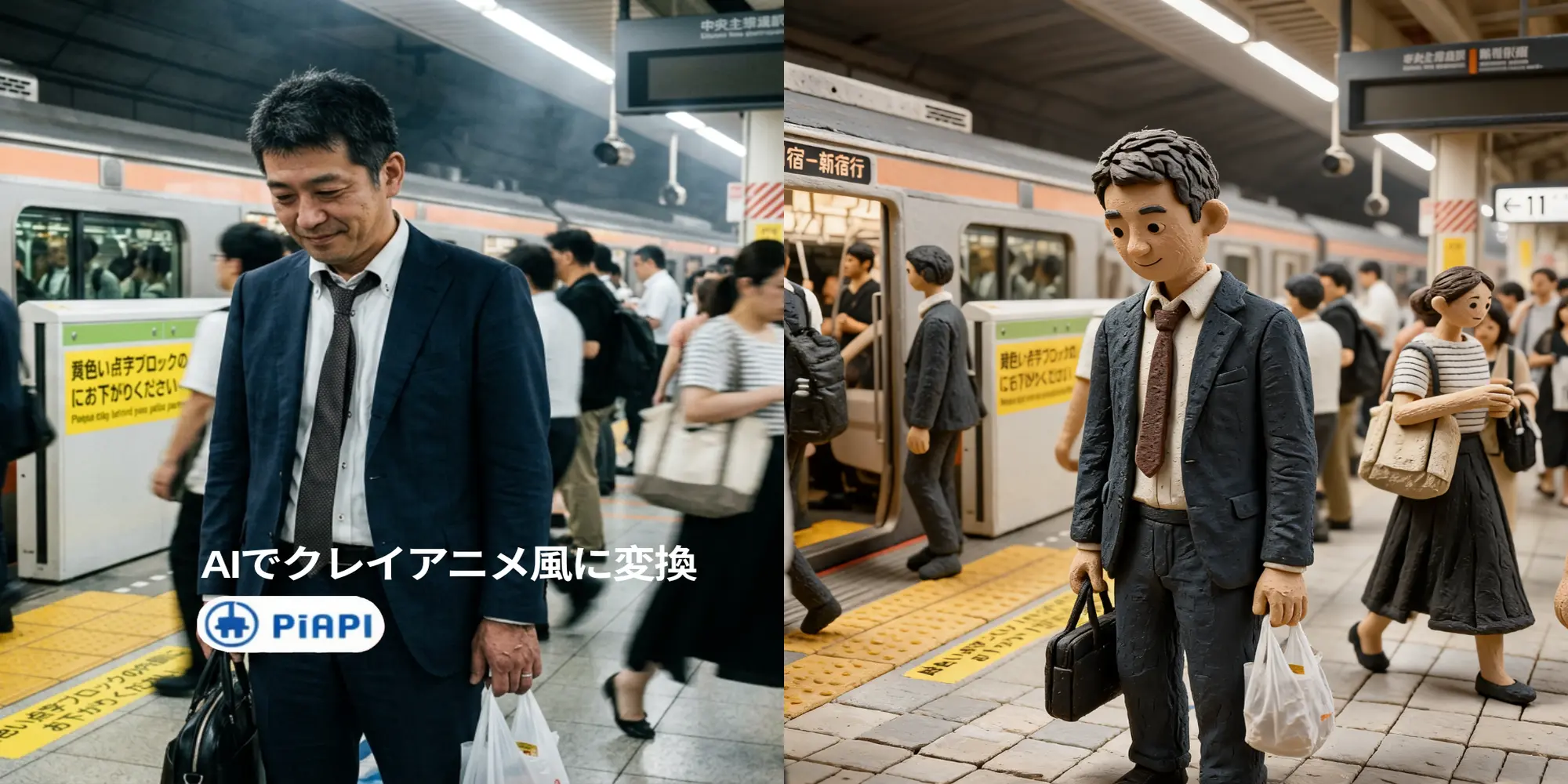 AIでクレイアニメ風に変換した日本の駅ホームのビフォーアフター画像
