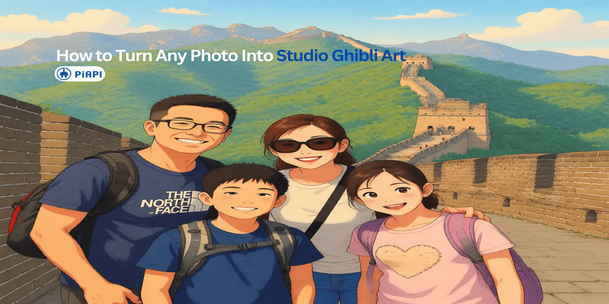 Ghibli-style family travel image created from a real photo