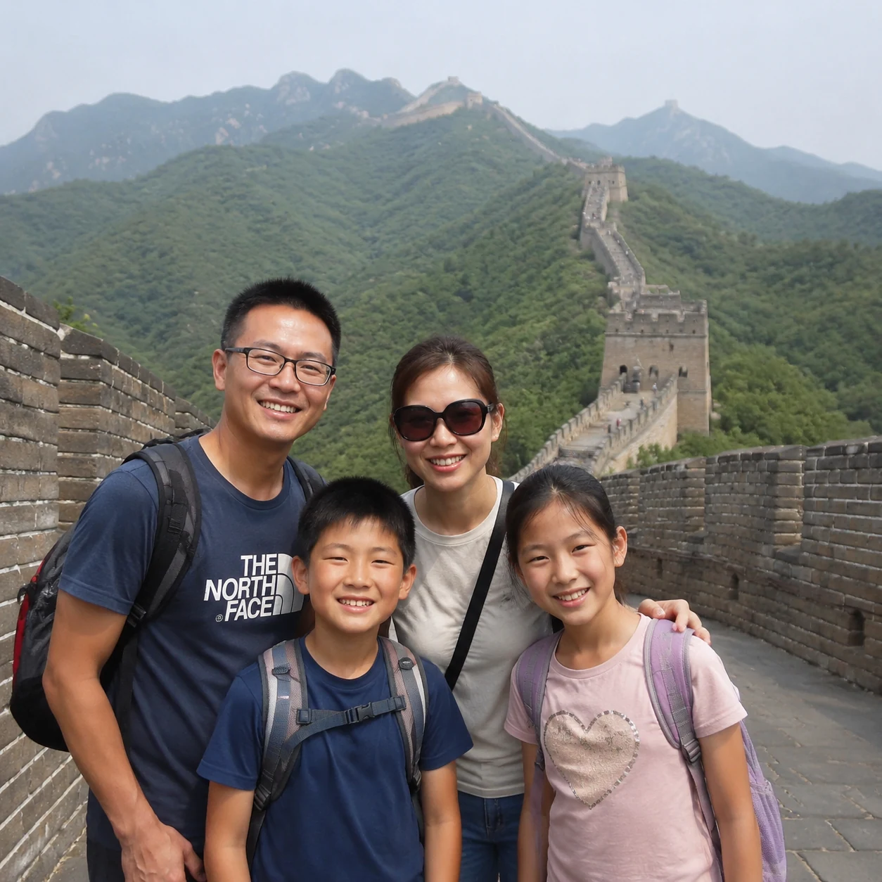 Family travel photo at the Great Wall before Ghibli-style AI conversion