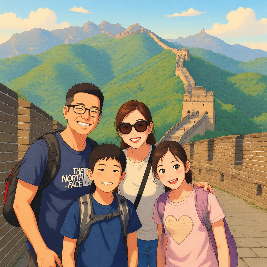 Ghibli-style AI family travel image at the Great Wall with warm storybook color