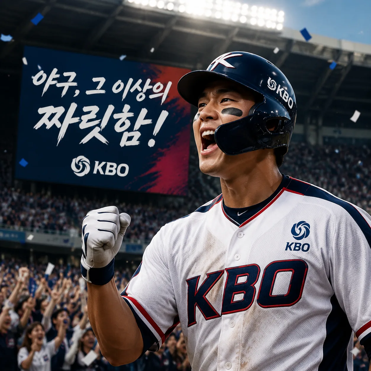 Tifoso di baseball coreano generato con IA che esulta in uno stadio