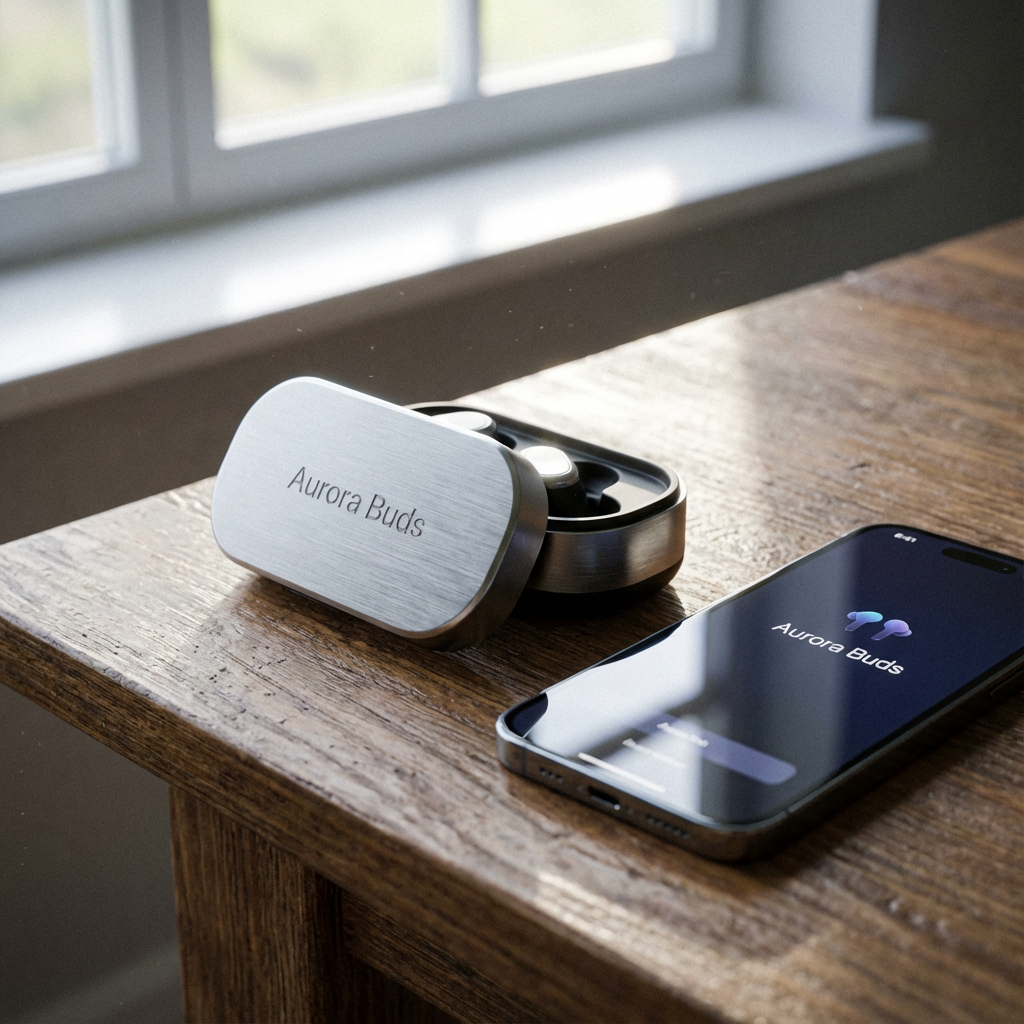 Photorealistic 4K studio shot of an "Aurora Buds" wireless earbud case on a wooden desk next to a smartphone, with soft natural lighting and crisp reflections.