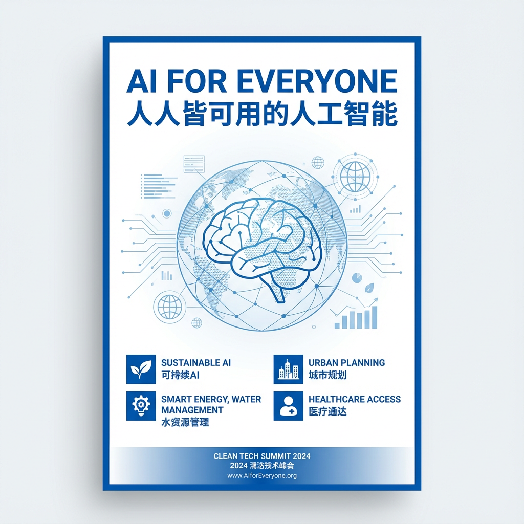 Minimal blue-and-white tech poster featuring the bilingual headline "AI FOR EVERYONE / 人人皆可用的人工智能" with sharp, legible typography at 4K resolution.