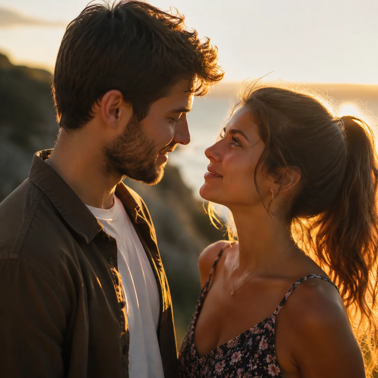 Romantic close-up couple photo used as an AI kissing video from image input
