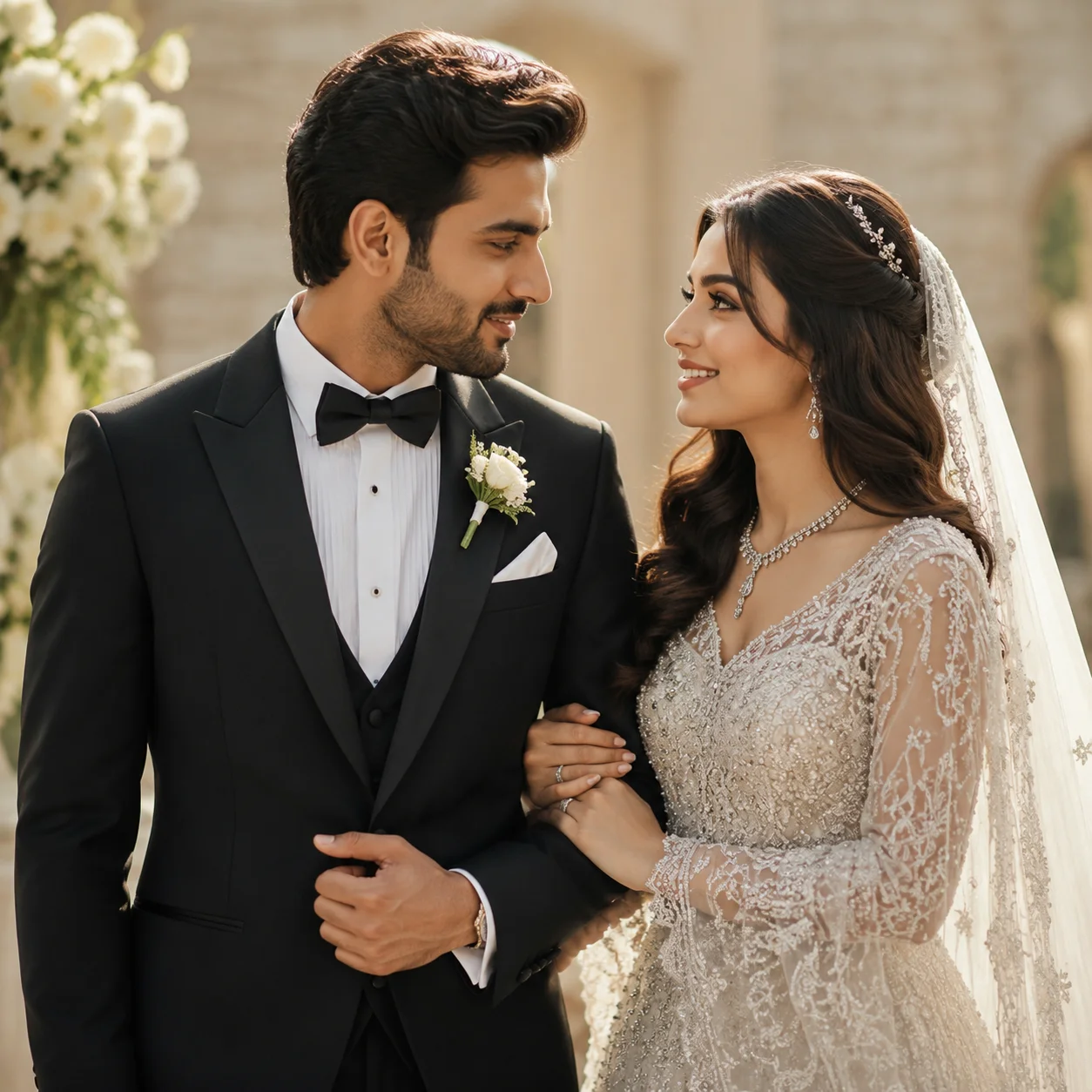 Wedding portrait used as an AI kissing video from image example input