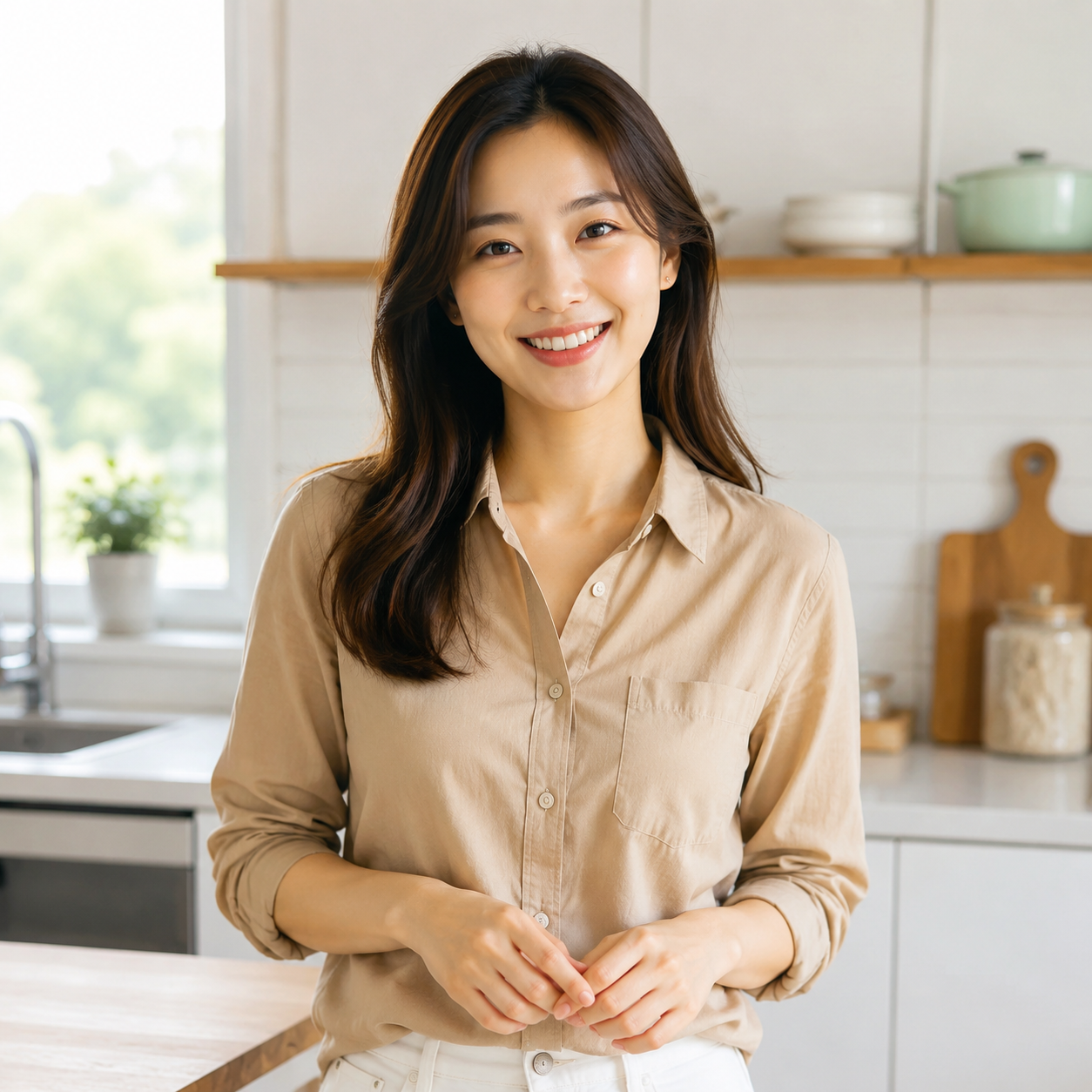 Korean woman standing in a bright kitchen as the actor input