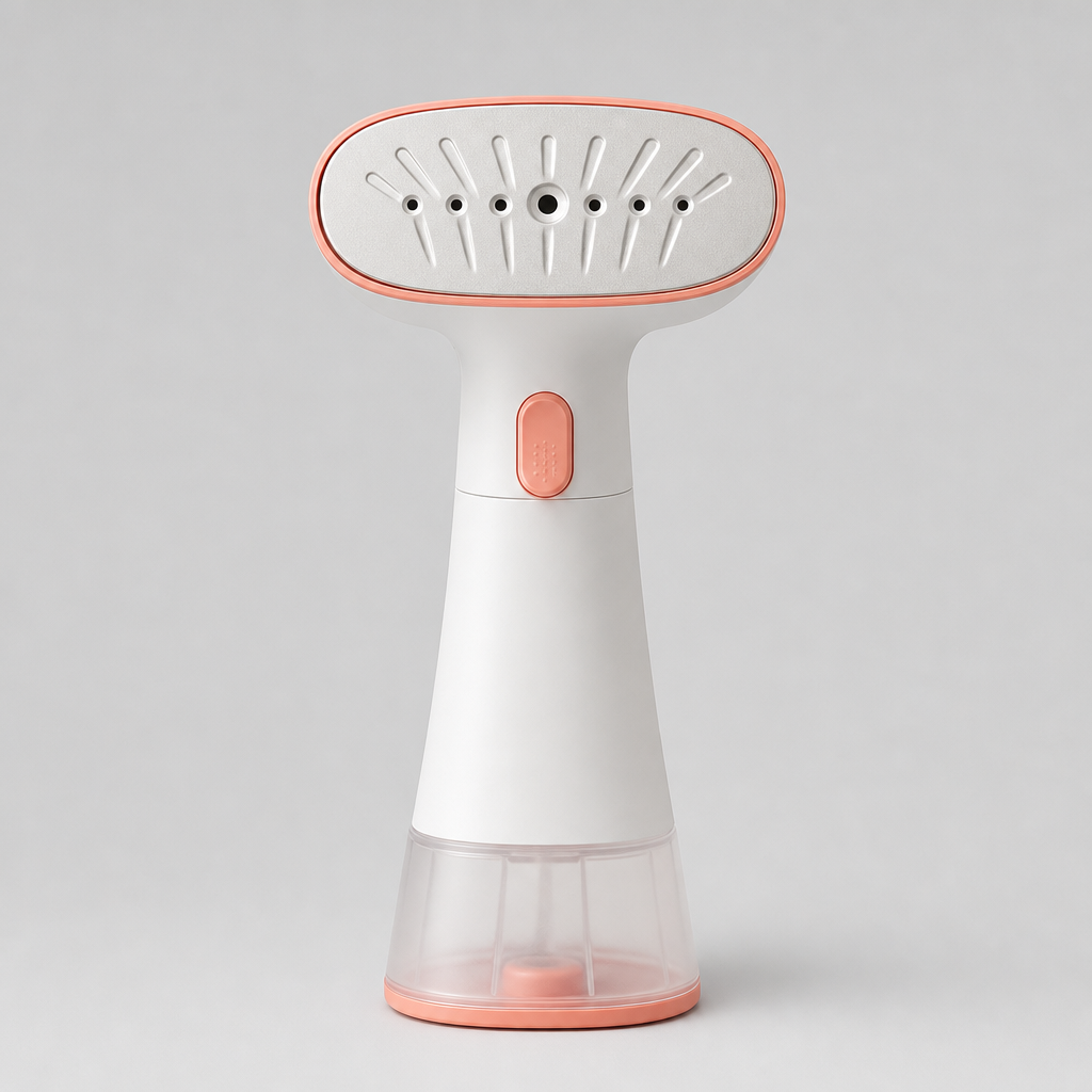 Portable garment steamer with a white body and coral detail
