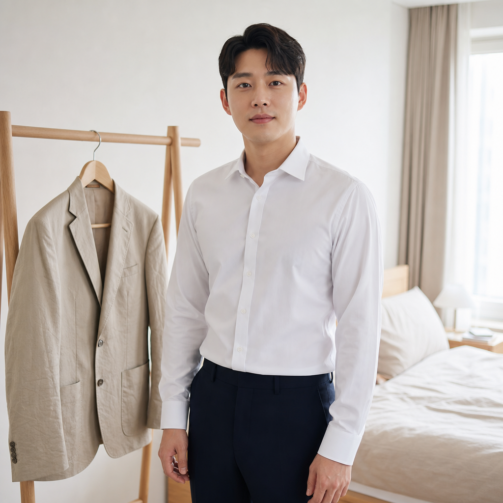 Korean man beside a bedroom clothing rack as the actor input
