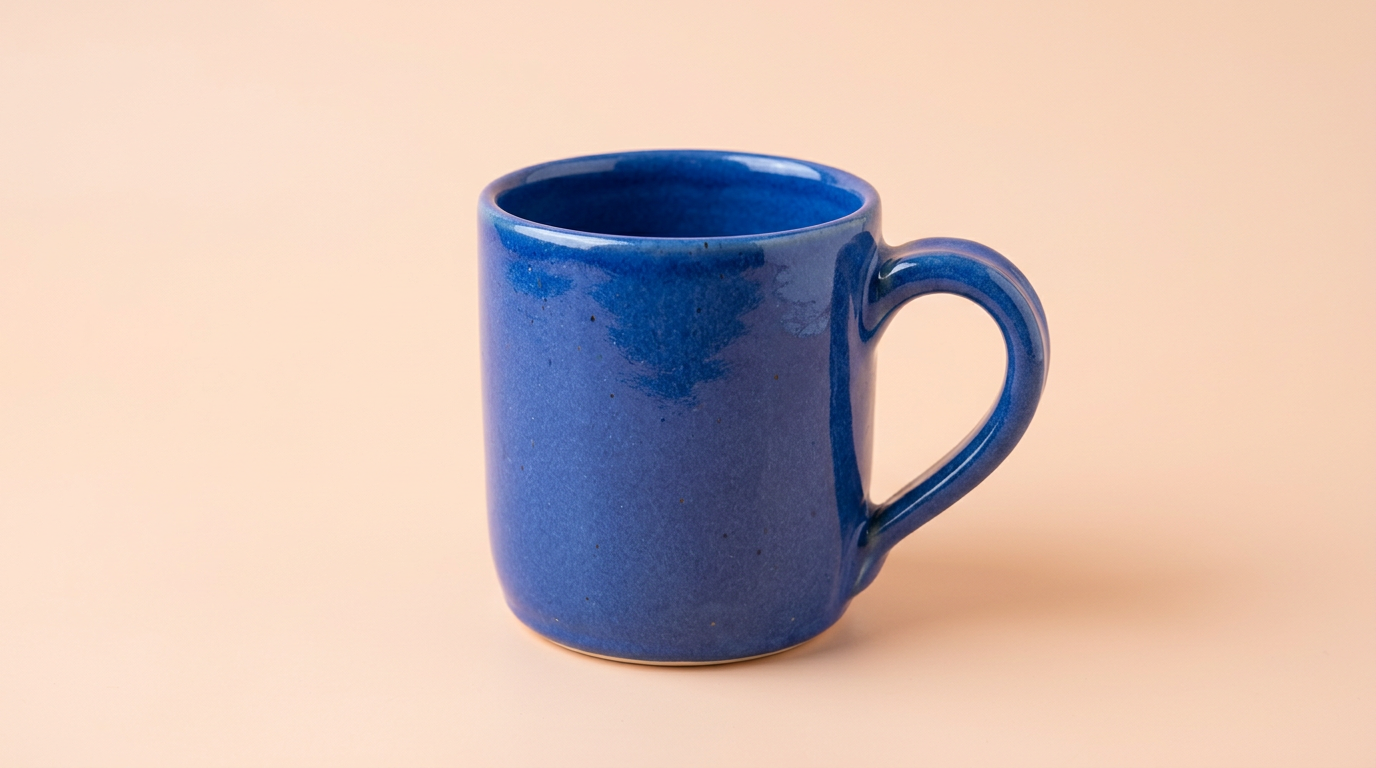 Blue ceramic mug on a pale peach background before background removal