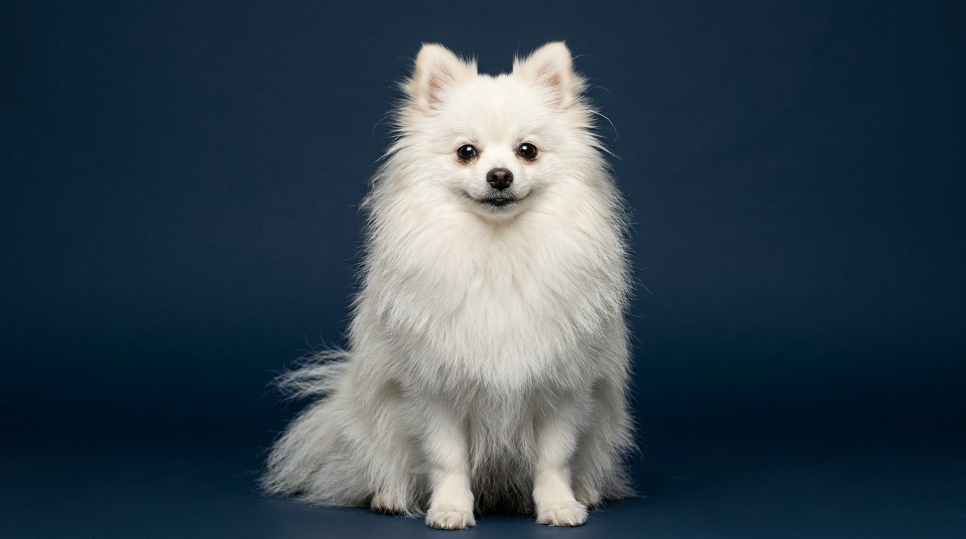 White Pomeranian on a navy studio background before background removal
