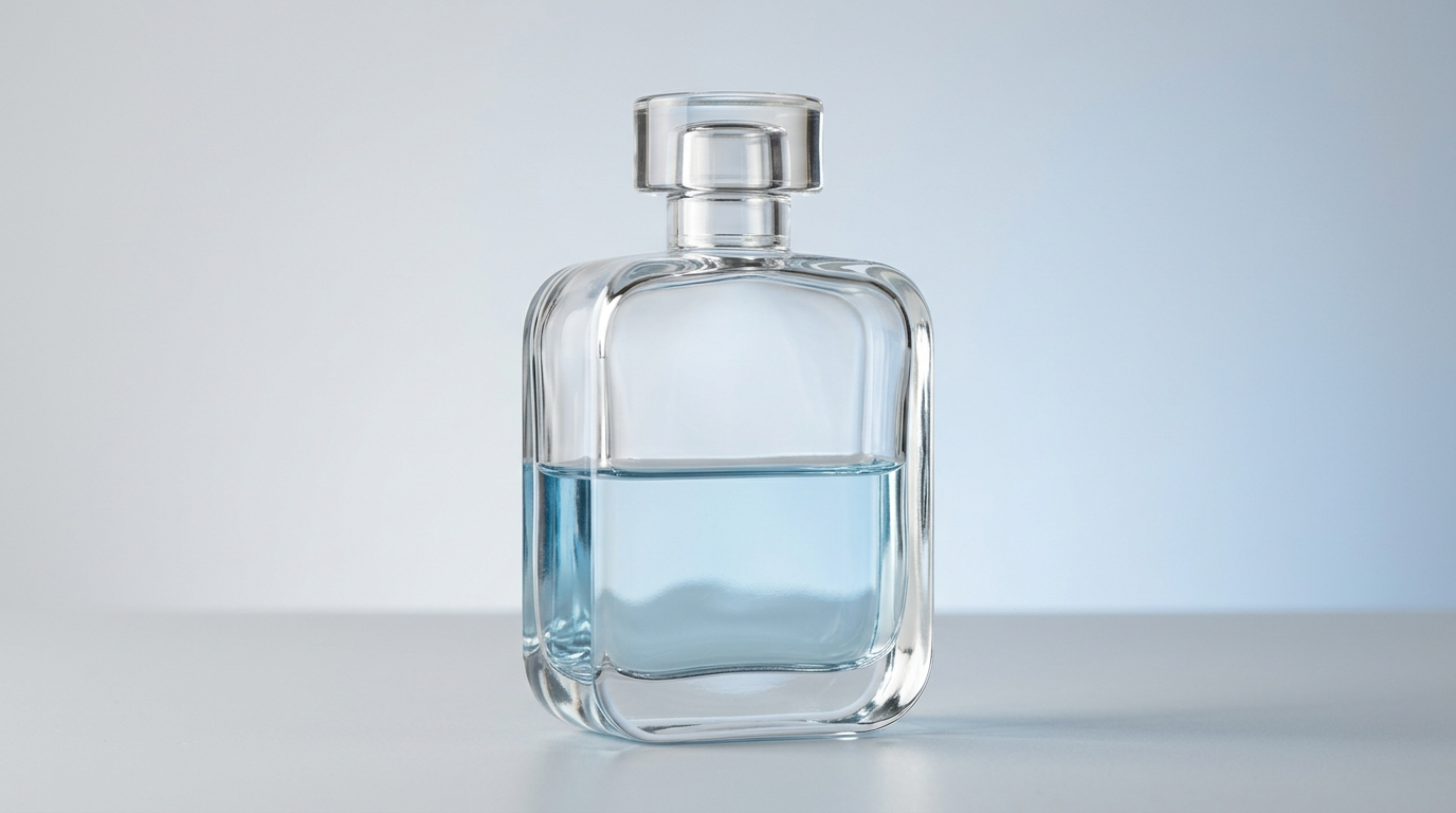 Clear glass perfume bottle on a pale studio background before background removal