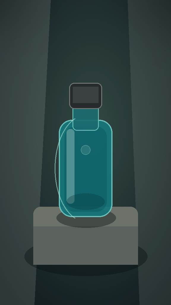 Shared product input: a stylized teal bottle with a dark square cap, highlight line, circular bottle detail, and marble surface. Original PiAPI-owned evidence asset.