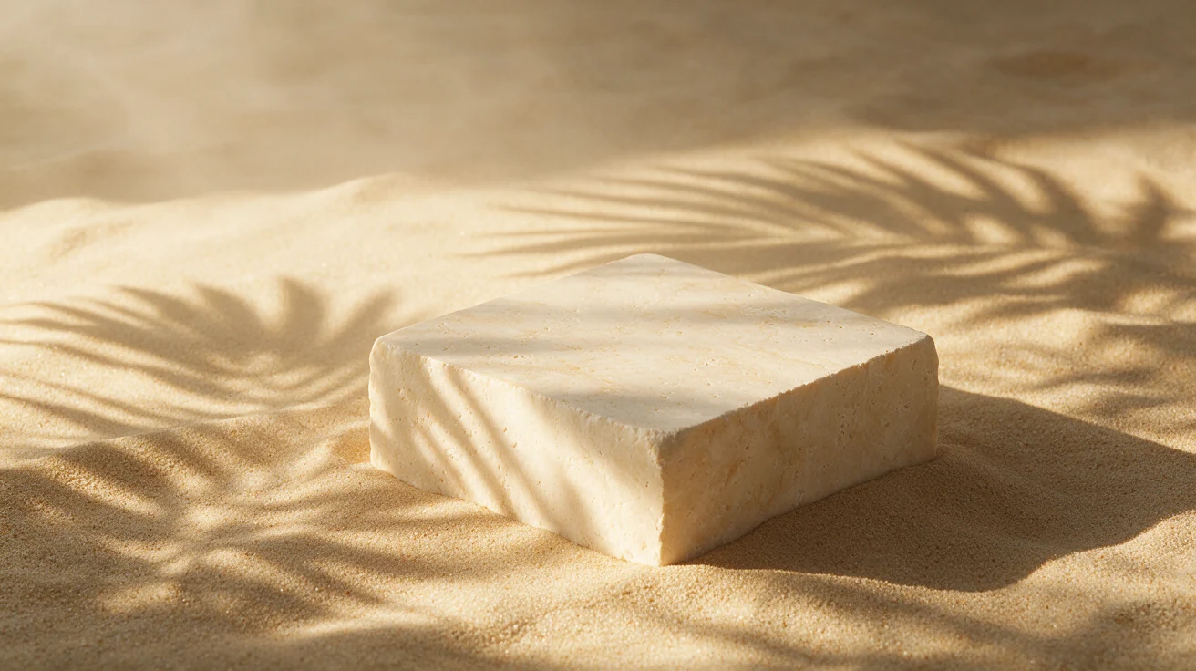 Travertine pedestal, warm sand background, and palm shadows used as campaign art direction