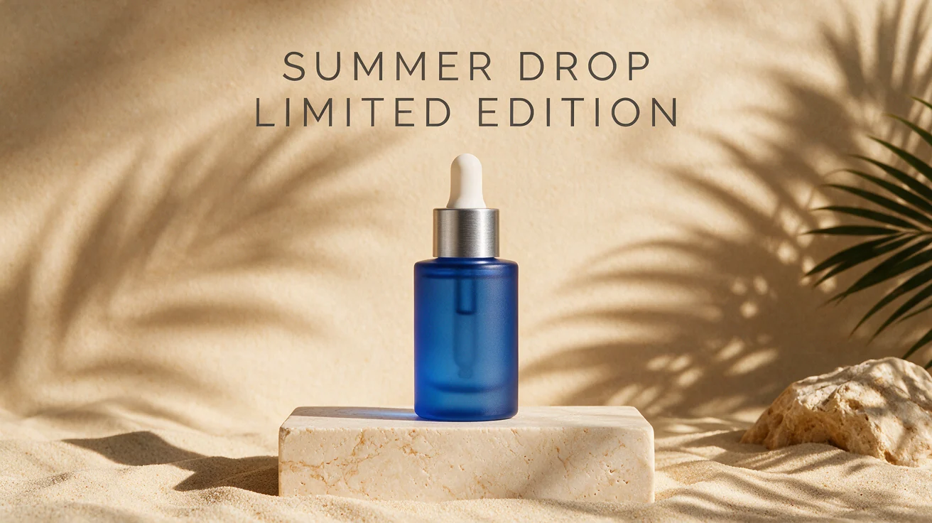 Seedream 5 Pro text-rendering output with SUMMER DROP and LIMITED EDITION above a blue serum bottle