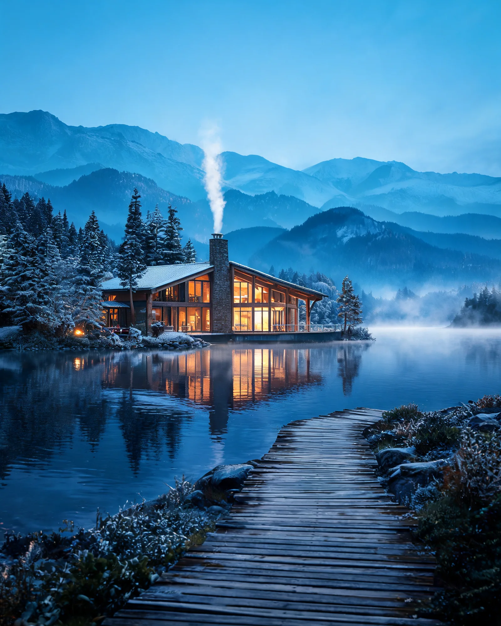 Seedream 5 Lite output showing a modern alpine cabin, lake reflection, and wooden footpath