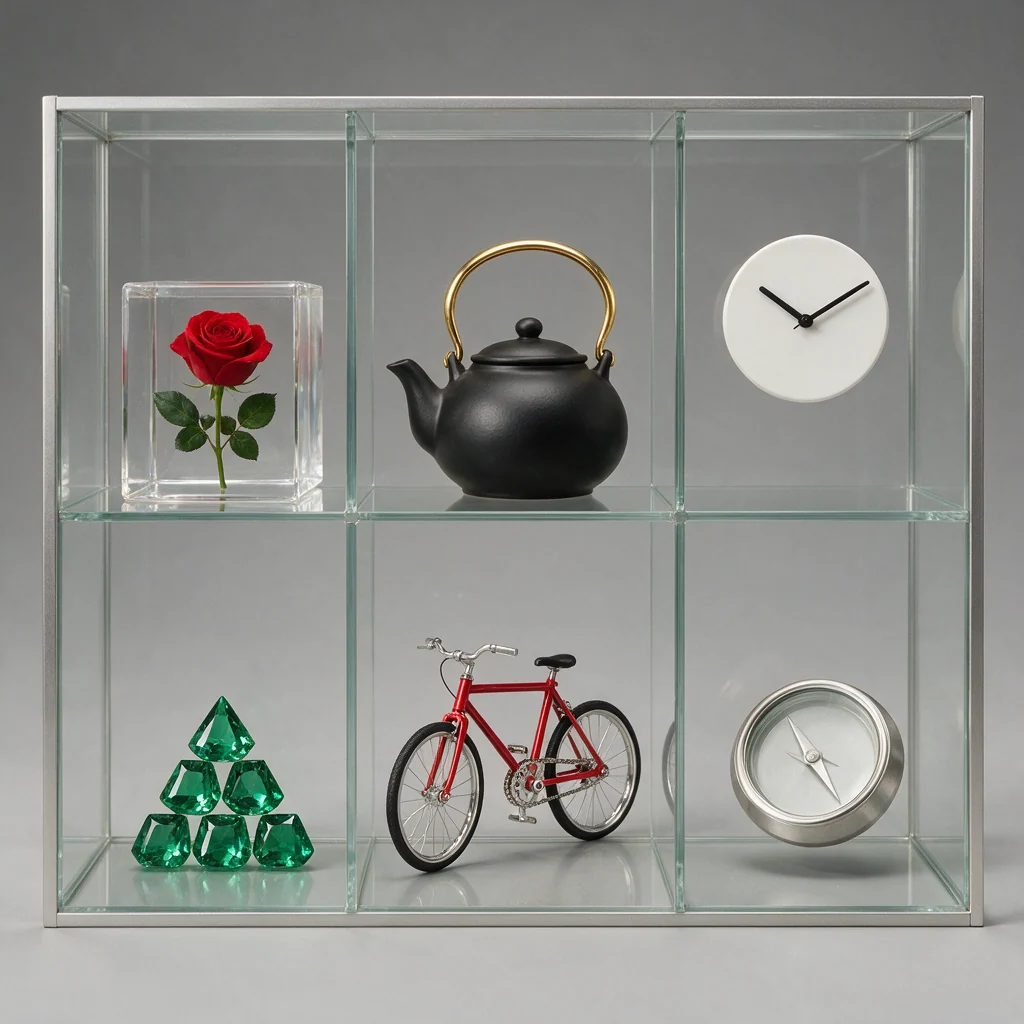 Seedream 5 Pro six-cell museum display with rose, teapot, clock, gemstones, bicycle, and compass