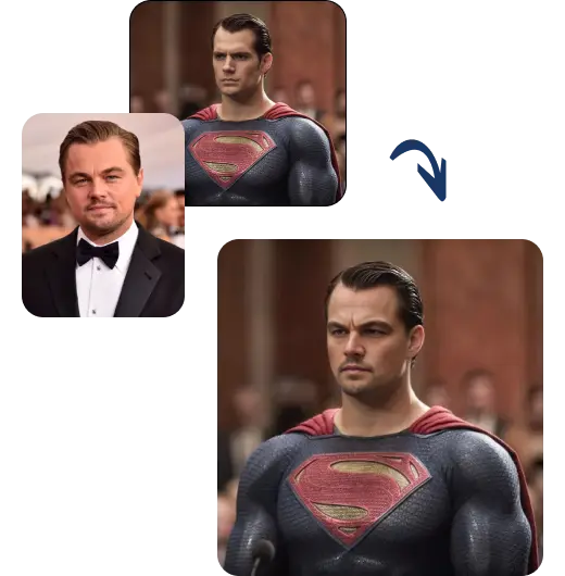 An image displaying photos of Superman, Leonardo Dicaprio and a face swapped image from the two previous photos