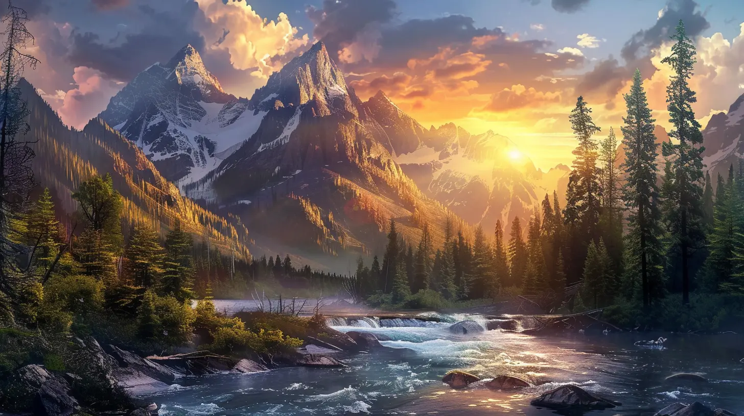 An image of a landscape with tall mountains. River water flowing in, calm and breezy wind blowing into the forest with a bright sunset sky generated by Midjourney API