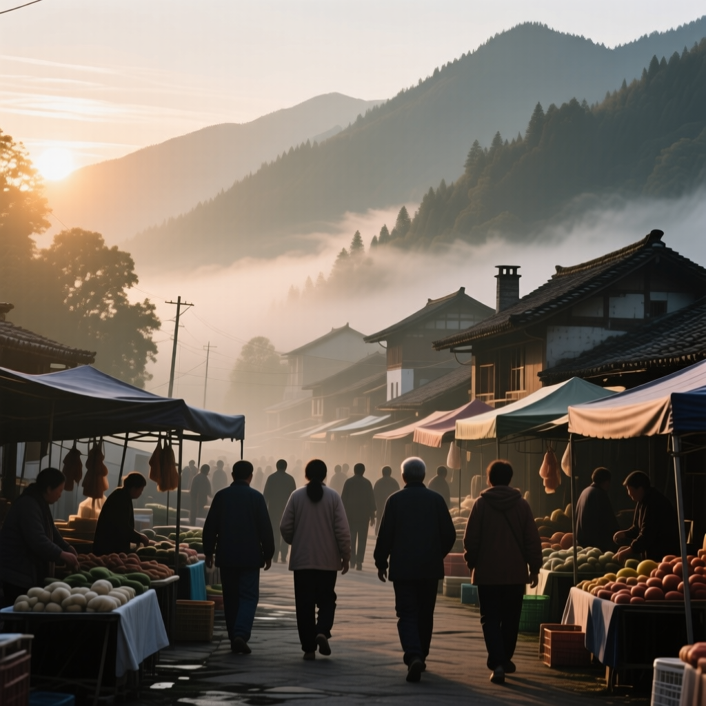Cinematic mountain village at sunrise with film-like tones