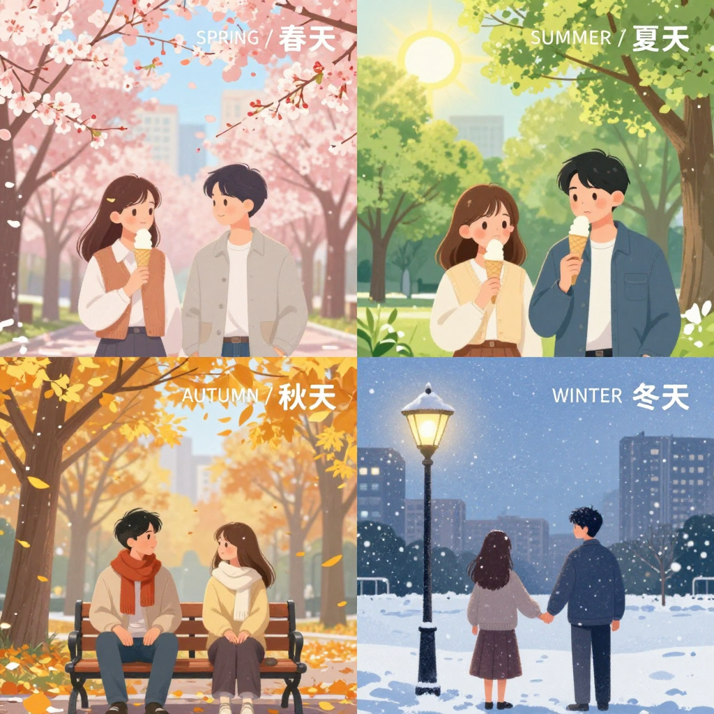 Four-season 2x2 grid of the same couple with bilingual labels