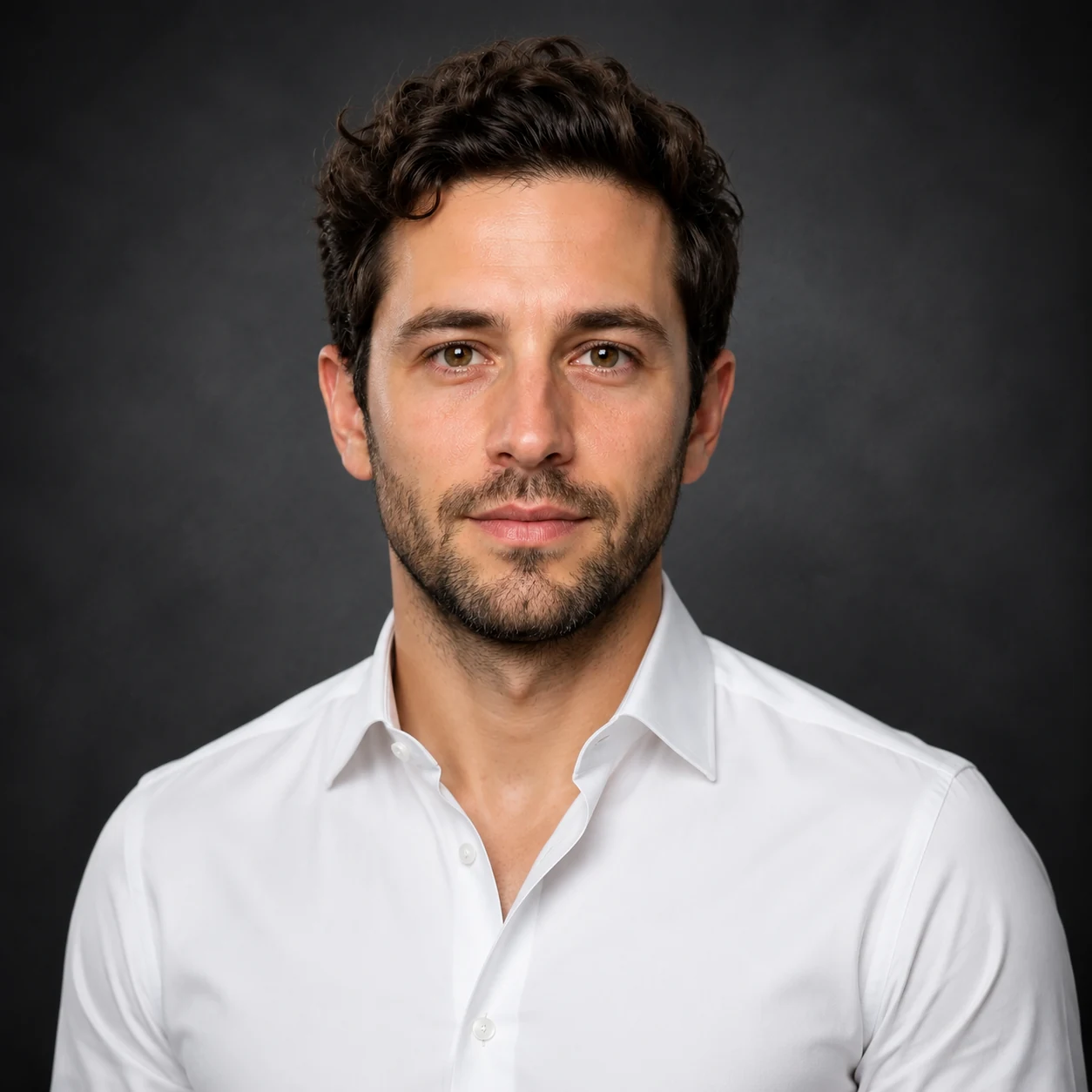 Professional AI headshot with dark backdrop and formal white shirt