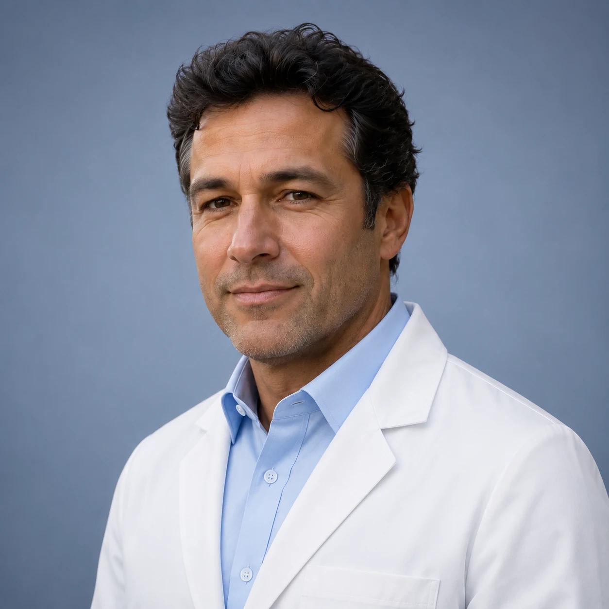 Professional AI headshot with lab coat and studio backdrop