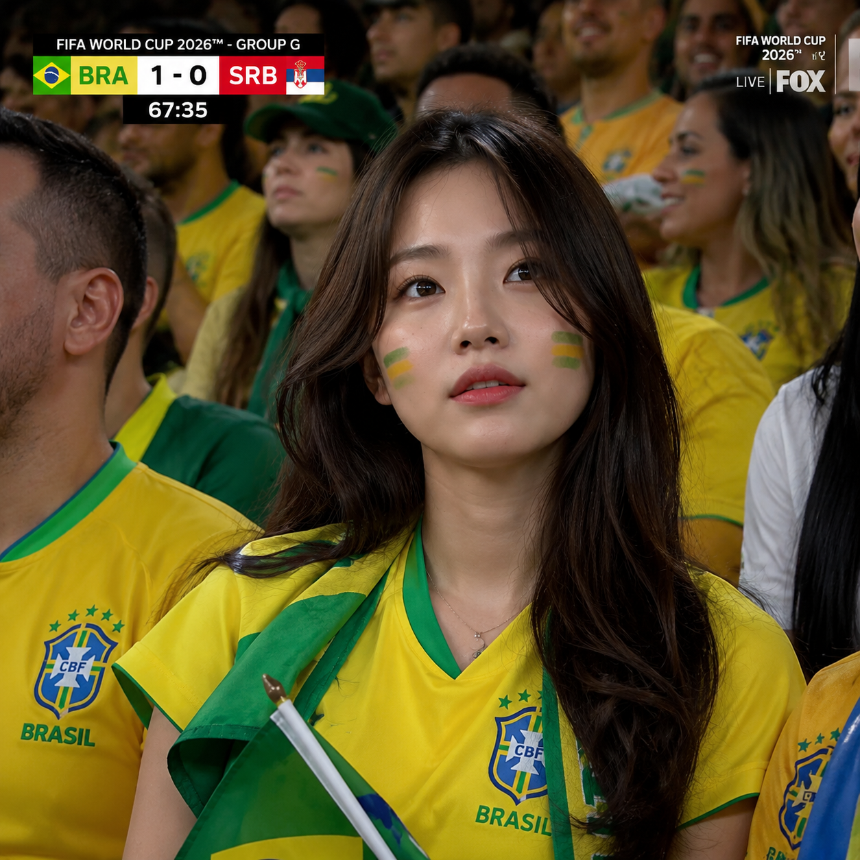 Brazil-inspired football fan-cam image generated from a portrait