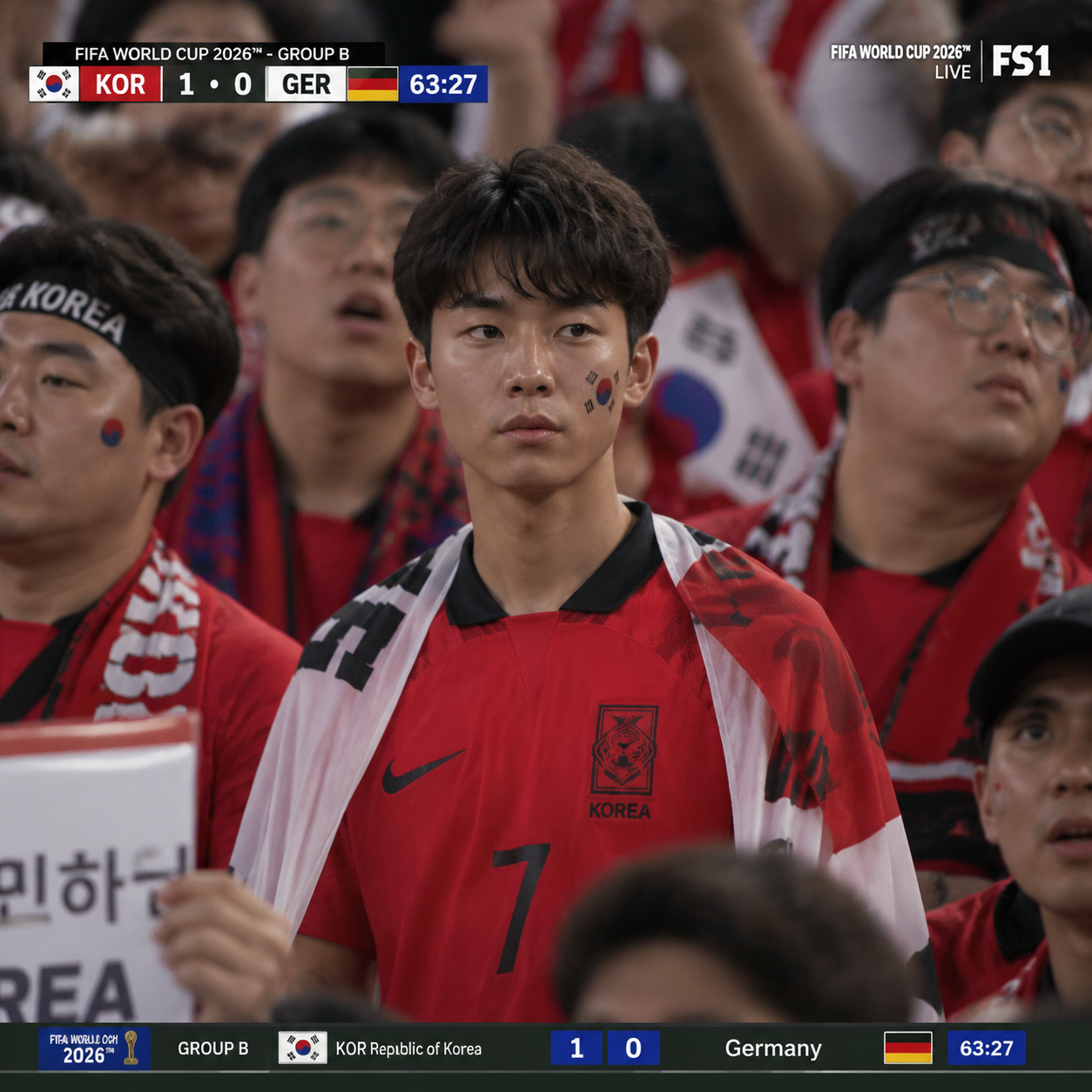 Korea-inspired football fan-cam image generated from a portrait